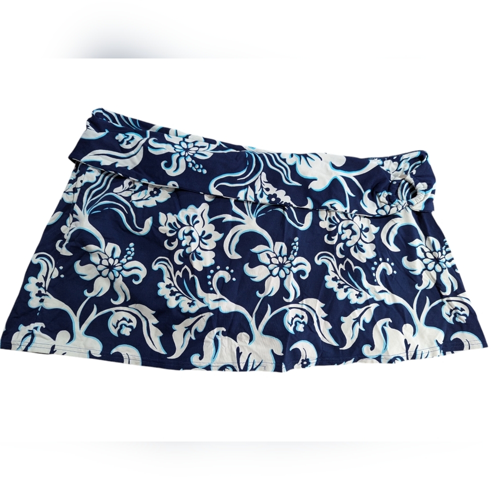 Lands' End Navy and White Floral Swim Skirt Bikini Bottom